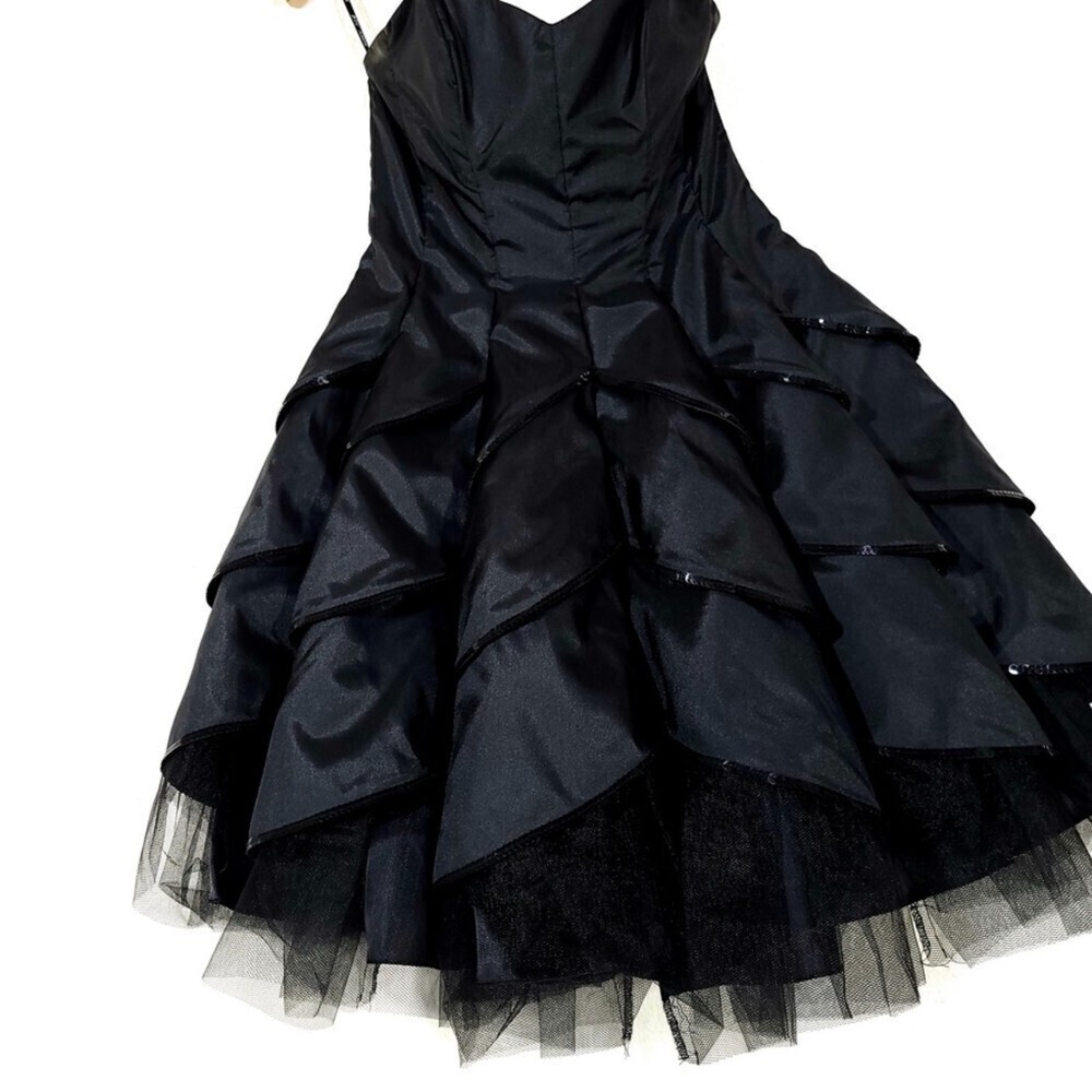 NEW Betsey Johnson Dahlia Whimsigoth Ruffle Tier Mini Dress Sequin Black Satin 8 - Picture 5 of 11